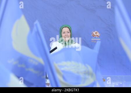 Maryam Rajavi, Ashraf-3, Albania 09/02/2020- Maryam Rajavi, the President-elect of the National Council of Resistance of Iran (NCRI) attend the ceremony of the members of the People Mojahedin Organization of Iran (PMOI/MEK) at Ashraf-3 in Albania on Sunday, February 9, 2020, marking the anniversary of the 1979 anti-monarchic revolution in Iran. Maryam Rajavi said the people will boycott the mullahs parliamentary election. This is a patriotic duty and the bond of the Iranian people with 1,500 martyrs of the Nov. uprising. (Photo by Siavosh Hosseini/NurPhoto) Stock Photo