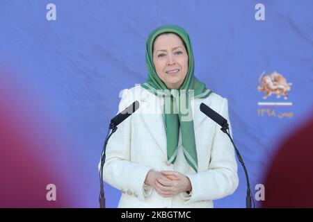Maryam Rajavi, Ashraf-3, Albania 09/02/2020- Maryam Rajavi, the President-elect of the National Council of Resistance of Iran (NCRI) attend the ceremony of the members of the People Mojahedin Organization of Iran (PMOI/MEK) at Ashraf-3 in Albania on Sunday, February 9, 2020, marking the anniversary of the 1979 anti-monarchic revolution in Iran. Maryam Rajavi said the PMOI rejected the mullahsâ€™ reactionary mindset, did not vote for Khomeiniâ€™s constitution and opposed the mullahs misogyny, Sharia law, and repressive policies. (Photo by Siavosh Hosseini/NurPhoto) Stock Photo