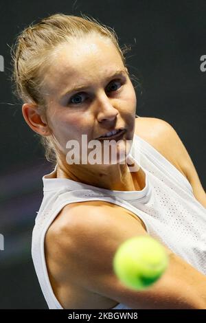 Fiona Ferro of France in action during her WTA St. Petersburg Ladies Trophy 2020 tennis tournament Round of 16 match against Elena Rybakina of Kazakhstan on February 12, 2020 in Saint Petersburg, Russia. (Photo by Mike Kireev/NurPhoto) Stock Photo