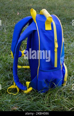 blue and yellow school bag stands on the grass Stock Photo