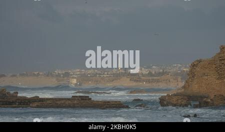 Ruins of Caesarea Maritima with the Hadrianic aqueduct in the background. On Sunday, 9 February 2020, in Tel Aviv, Israel. (Photo by Artur Widak/NurPhoto) Stock Photo