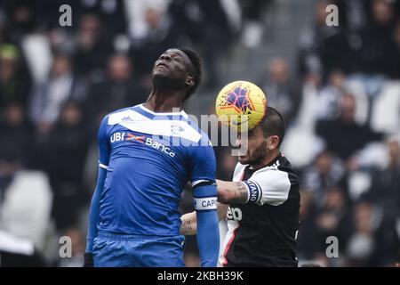 Juventus defender Leonardo Bonucci (19) and Brescia forward Mario Balotelli (45) head the ball during the Serie A football match n.24 JUVENTUS - BRESCIA on February 16, 2020 at the Allianz Stadium in Turin, Piedmont, Italy. (Photo by Matteo Bottanelli/NurPhoto) Stock Photo