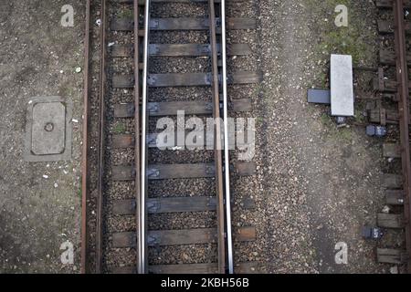 Railroad tracks seen in Warsaw on February 16, 2020. (Photo by Maciej Luczniewski/NurPhoto) Stock Photo