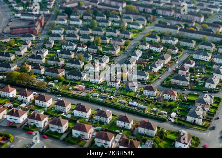 Aerial view with tilt shift effect to give miniature appearance, of housing estate at Springburn in Glasgow, Scotland, UK Stock Photo