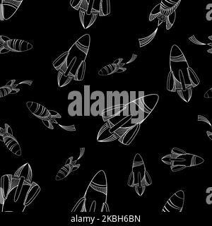 Space rocket seamless pattern. White on black background. Stock Vector