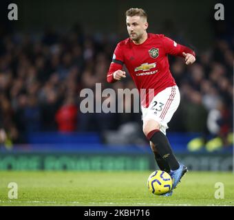 Manchester United's Luke Shaw in action during English Premier League between Chelsea and Manchester United at Stanford Bridge Stadium , London, England on 17 February 2020 (Photo by Action Foto Sport/NurPhoto) Stock Photo