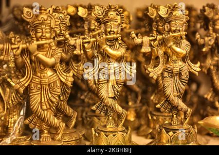 Idols of Lord Krishna at a shop selling brass lamps and pooja items (items used in Hindu prayers) in Thiruvananthapuram (Trivandrum), Kerala, India. (Photo by Creative Touch Imaging Ltd./NurPhoto) Stock Photo