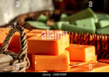 Collection of bars of fragrant hand made organic soap Stock Photo