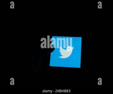 In this photo illustration the Twitter logo is seen displayed on smartphone screen (Photo by Giannis Alexopoulos/NurPhoto) Stock Photo