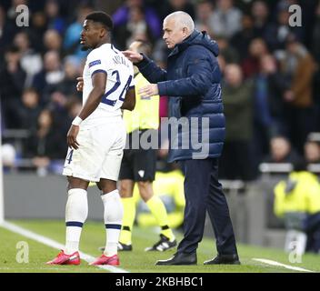 Tottenham Hotspur manager Jose Mourinho having words with Tottenham Hotspur's Serge Aurier during Champion League Round 16 between Tottenham Hotspur and RB Leipzig at Tottenham Hotspur Stadium , London, England on 19 February 2020 (Photo by Action Foto Sport/NurPhoto) Stock Photo