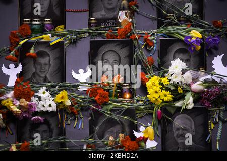 Portraits of the Heavenly Hundred are seen at a monument in Kyiv, Ukraine on February 20, 2020. Six years ago over a hundred Euromaidan demonstrators were shot dead by police forces after several months of protests against the decision of then president Yanukovich to further intensify ties with the EU after pressure from Russia. (Photo by Jaap Arriens/NurPhoto) Stock Photo