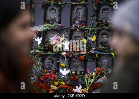 Portraits of the Heavenly Hundred are seen at a monument in Kyiv, Ukraine on February 20, 2020. Six years ago over a hundred Euromaidan demonstrators were shot dead by police forces after several months of protests against the decision of then president Yanukovich to further intensify ties with the EU after pressure from Russia. (Photo by Jaap Arriens/NurPhoto) Stock Photo