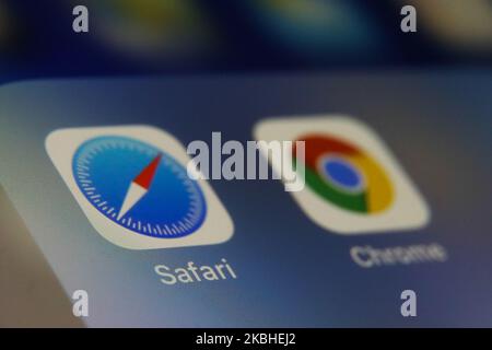 Safari and Google Chrome browsers icons are seen displayed on phone screen in this illustration photo taken in Poland on February 20, 2020. (Photo illustration byJakub Porzycki/NurPhoto) Stock Photo