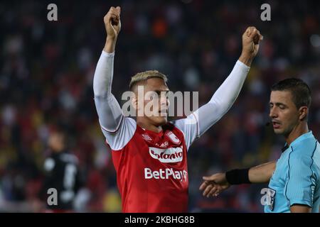 Diego Valdes of Independiente Santa Fe celebrates the goal against America de Cali in Bogota, Colombia, on February 21, 2020. (Photo by Daniel Garzon Herazo/NurPhoto) Stock Photo