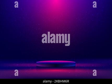 Empty 3D realistic blue and pink neon color podium studio room glowing lighting effect with decoration dust minimal scene background. You can use for Stock Vector