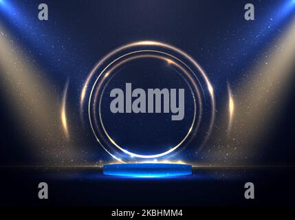 3D podium platform golden ring circles lighting effect backdrop with spotlight on blue stage background. You can use for celebration award festive, sh Stock Vector