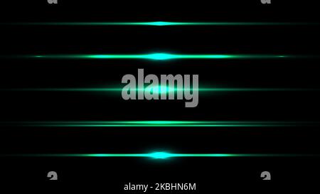 Set of elements horizontal glowing green light ray effect isolated on black background. Vector graphic illustration Stock Vector