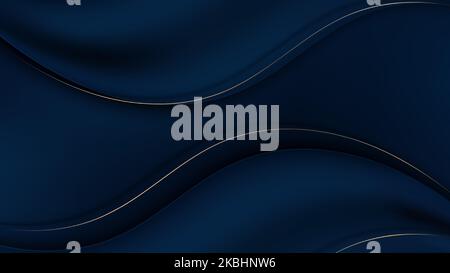 Abstract 3D blue satin cloth fold wave material background and texture with golden lines decoration luxury style. Vector illustration Stock Vector