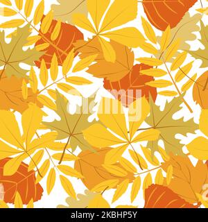 A seamless pattern of autumn leaves, hand-drawn doodle-style elements. Bright maple, oak, and aspen leaves. A carpet of autumn leaves. Thanksgiving. B Stock Vector