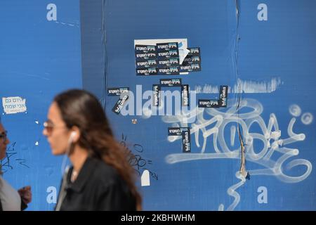 Blue and White political party election stickers seen in Tel Aviv. Israelis head to the polls for the third election in less than a year on March 2nd. On Tuesday, February 25, 2020, in Ramat Gan, Tel Aviv District, Israel. (Photo by Artur Widak/NurPhoto) Stock Photo