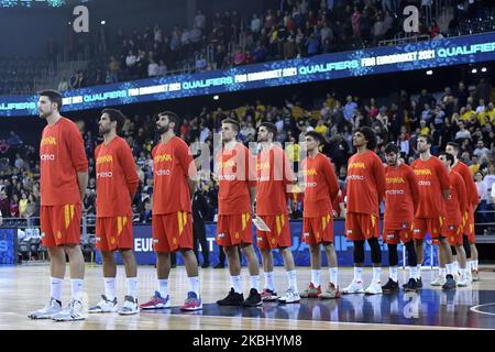 Spain's team during the anthems during the FIBA EuroBasket Qualifiers Group Phase Group A match between Romania and Spain, in Cluj Napoca, Romania, on February 20, 2020. (Photo by Alex Nicodim/NurPhoto) Stock Photo