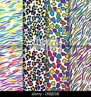 Multicolor tiger, zebra, giraffe and leopard print skin. Stock Vector