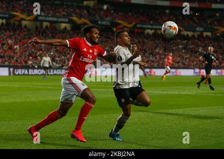 SL Benfica Forward Dyego Sousa battle for the ball with Dodô defender of FC Shakhtar Donetsk during the UEFA Europa League round of 32 2nd leg football match between SL Benfica and FC Shakhtar Donetsk at the Estadio da Luz in Lisbon on February 27, 2020. (Photo by Valter Gouveia/NurPhoto) Stock Photo