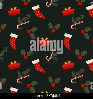 christmas pattern lollipops warm socks gifts and christmas berry Stock Vector
