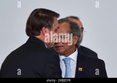 Brazilian President Jair Bolsonaro with the Minister of Economy, Paulo Guedes, during the ceremony to launch the Brazil agenda program at the Planalto Palace, in Brasilia, Brazil, on March 4, 2020. (Photo by Andre Borges/NurPhoto) Stock Photo