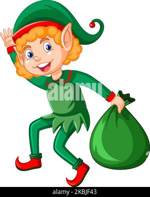 Cute kid wearing elf costume cartoon illustration Stock Vector