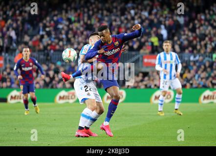 Nelson Semedo and Ander Barrenetxea during the match between FC Barcelona and Real Sociedad, corresponding to the week 27 of the Liga Santander, played at the Camp Nou Stadium, on 07th March 2020, in Barcelona, Spain. (Photo by Joan Valls/Urbanandsport /NurPhoto) Stock Photo