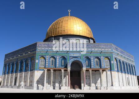 A general view of the Dome of the Rock mosque at the Al-Aqsa mosques compound in the Old City of Jerusalem. With 29 Israelis and 19 Palestinians tested positive for coronavirus so far and thousands placed in isolation, Israel closed land border with Egypt on Sunday afternoon, due to coronavirus. On Sunday, March 8, 2020, in Jerusalem, Israel. (Photo by Artur Widak/NurPhoto) Stock Photo