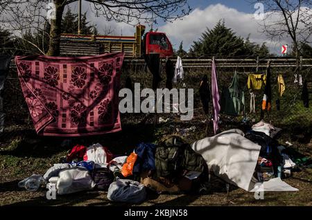 Many children suffer because of the migrants crisis along Turkey-Greece border. There are many families with kids trying to start a new life somewhere in the EU. For now, they are stranded in parking lots, on bus stations in Edirne, or even in the no man's land between Pazarkule and Kastanies, Edirne, Turkey on March 9, 2020 (Photo by Hristo Rusev/NurPhoto) Stock Photo