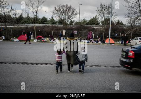 Many children suffer because of the migrants crisis along Turkey-Greece border. There are many families with kids trying to start a new life somewhere in the EU. For now, they are stranded in parking lots, on bus stations in Edirne, or even in the no man's land between Pazarkule and Kastanies, Edirne, Turkey on March 9, 2020 (Photo by Hristo Rusev/NurPhoto) Stock Photo