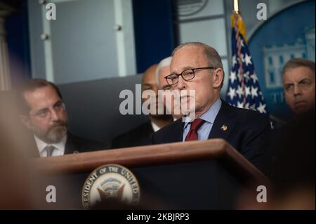 Larry Kudlow, Director of the National Economic Council, listens as US President Donald Trump gives a press briefing about the Coronavirus alongside members of the Coronavirus Task Force in the Brady Press Briefing Room at the White House in Washington, DC, March 9, 2020. (Photo by Zach D Roberts/NurPhoto) Stock Photo
