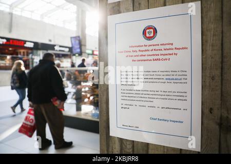 Information of the Chief Sanitary Inspector regarding the risk of coronavirus infection is displayed by ticket offices at the train station in Katowice, Poland on 10th March, 2020. 17 cases of coronavirus has been reported in Poland until 10th March and Poland’s government has decided to cancel all mass events due to the coronavirus outbreak, (Photo by Beata Zawrzel/NurPhoto) Stock Photo