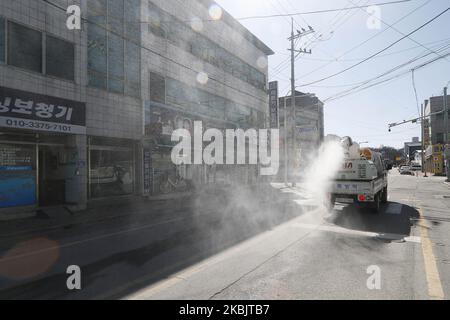 Local government vehicle desinfection to district at downtown's Sangju, South Korea on March 11, 2020. South Korea reported 242 new cases of the new coronavirus on Wednesday, up from 131 new cases a day earlier, bringing the nation's total infections to 7,755. Confirmed cases showed no signs of a slowdown in the southeastern city of Daegu and capital Seoul. (Photo by Seung-il Ryu/NurPhoto) Stock Photo