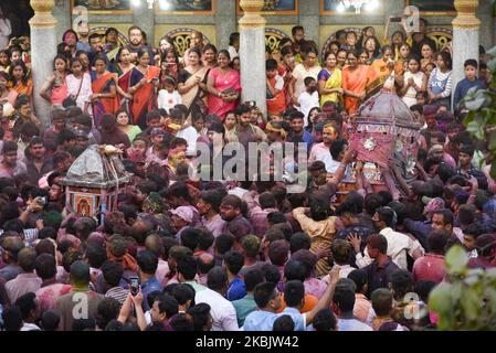 People are celebrating Doul Utsav ( Holi festival ) at Barpeta Sattra, in Barpeta, Assam, India on Wednesday, 11 March 2020. Doul Mahatsov celebrated at this sattra is unique to the region and is based on the legend of Lord Krishna's visit to his consort Ghunusa that angers his wife. (Photo by David Talukdar/NurPhoto) Stock Photo