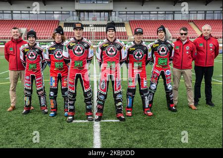 Belle Vue Aces (l-r) Adrian Smith (CEO), Jaimon Lidsey, Dan Bewley, Steve Worrall, Brady Kurtz, Jye Etheridge, Charles Wright , Mark Lemon (Manager), Robin Southwell (Co-Owner) during The Belle Vue Speedway Media Day, at The National Speedway Stadium, Manchester, on Thursday 12 March 2020. (Photo by Ian Charles/MI News/NurPhoto) Stock Photo