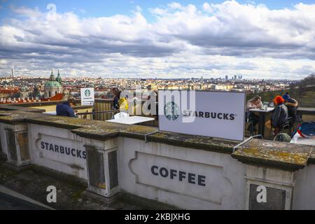 Starbucks coffee shop by Hradcany Square with a panoramic view over Prague, Czech Republic, on 1st March, 2020. (Photo by Beata Zawrzel/NurPhoto) Stock Photo