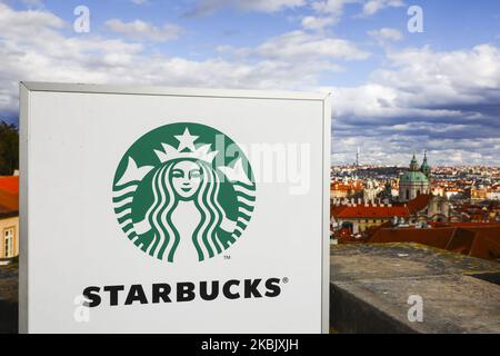 Starbucks coffee shop by Hradcany Square with a panoramic view over Prague, Czech Republic, on 1st March, 2020. (Photo by Beata Zawrzel/NurPhoto) Stock Photo