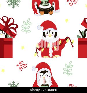 Seamless pattern of cute penguins hand-drawn in cartoon style. Christmas. Holiday. Cute penguin with garland, penguin looking gift box. Penguin with c Stock Vector