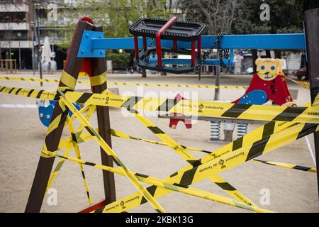 Playground closed to avoid childrens playing due to COVID19 after the state of alarm imposed by the spanish government and measure of lockdown the population of Catalonia by the catalan Goverment to combat the coronavirus. In Terrassa on March 14, 2020 Barcelona, Spain. (Photo by Xavier Bonilla/NurPhoto) Stock Photo