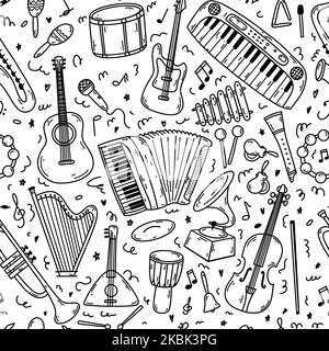 Seamless pattern with hand drawn doodle musical instruments. Vector sketch illustration set, black outline art collection for web design, icon, print, Stock Vector