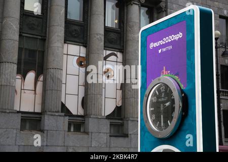 Clock showing the start time of the Euro 2020 football championship in the center of Saint Petersburg. The championship was postponed for a year due to the coronavirus epidemic. Saint Petersburg, Russia 16 March 2020 (Photo by Valya Egorshin/NurPhoto) Stock Photo