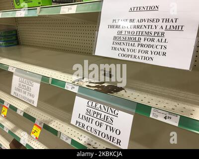Signs seen on an empty shelf in a grocery store as stores begin limiting the amount of items people can purchase as panic buying and hoarding of food and sanitary items continues due to fear of the novel coronavirus (COVID-19) across the country on March 21, 2020 in Toronto, Ontario, Canada. Canadians emptied shelves of grocery stores and markets to stockpile supplies such as toilet paper and canned goods. In many stores have begun rationing items and limiting the amount of people allowed to enter the store. The World Health Organization has declared COVID-19 a global pandemic. (Photo by Creat Stock Photo