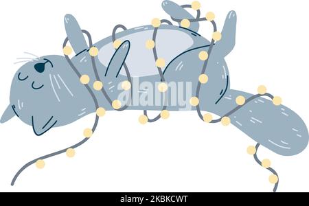 Cute cartoon cat with Christmas garland. Hand drawn vector illustration of animal character, happy kitty. Stock Vector