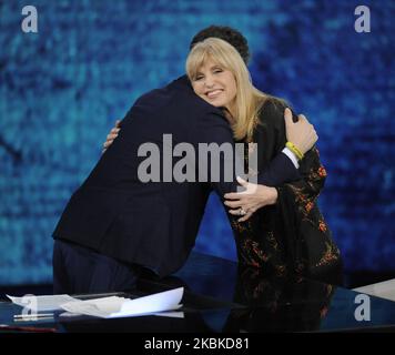 Fabio Fazio Italian television author, imitator, writer, television producer and host of the television program and Dori Ghezzi (wife of Fabrizio De André) Italian singer, during the RAI TV show Che Tempo Che Fa season 2019-2020, at RAI television studios in Via Mecenate on February 16, 2020 in Milan, Italy. (Photo by Omar Bai/NurPhoto) (Photo by Omar Bai/NurPhoto) Stock Photo