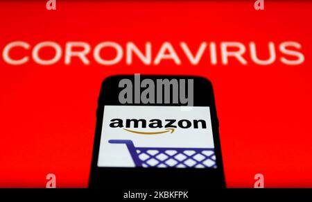Amazon app icon is seen on the smartphone screen with coronavirus sign in the background in this illustration photo taken in Poland on March 24, 2020. (Photo illustration by Jakub Porzycki/NurPhoto) Stock Photo
