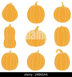Collection of orange stamp pumpkins for Halloween, Thanksgiving, Harvest Festival. Set of cute pumpkins of different shapes and sizes. Cartoon illustrations for holiday decor. Clipart for card, poster Stock Vector